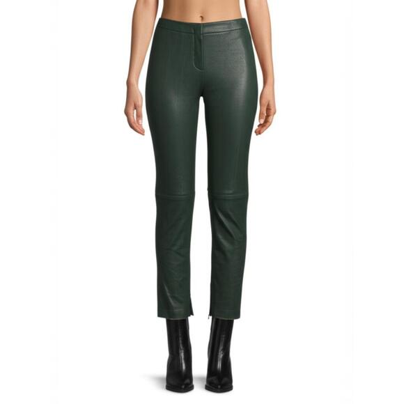 Vince Womens S Dark Green Lamb Leather Pants Slim Leg Elastic Waist - Picture 1 of 6